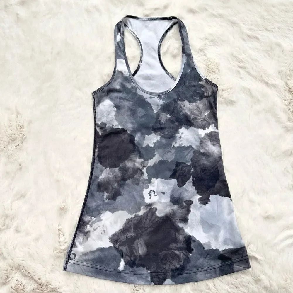 Lululemon Cool Racerback Tank Top Gray Watercolor Tie Dye Abstract Print size 4